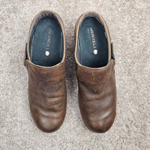 Merrell Oak Brown Leather Womens 7 Mule Clog Shoes Comfort Slip On Block Heel - Picture 13 of 15